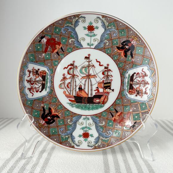 Japanese Imari Tachikichi Plate – Nanban Ship & Traders Motif Vintage - Picture 7 of 12